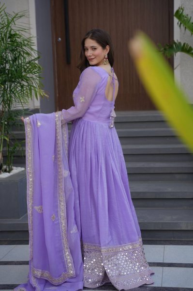 Lavender Mirror Work Silk Gown Set with Dupatta Partywear and Wedding Special Anarkali Kurtis 