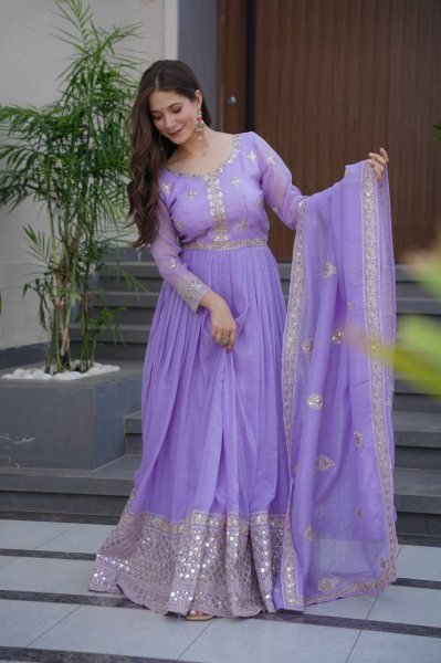 Lavender Mirror Work Silk Gown Set with Dupatta Partywear and Wedding Special Anarkali Kurtis 