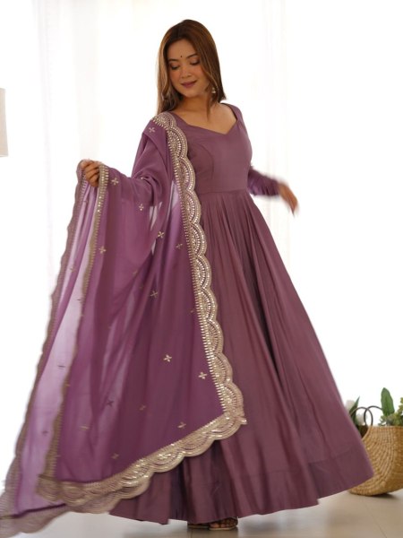 Lavender Pure Romansilk Anarkali Gown Set with Dupatta At Wholesale Rate Kurtis