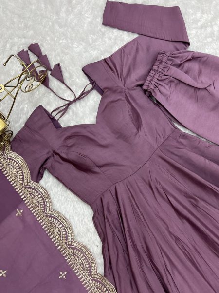 Lavender Pure Romansilk Anarkali Gown Set with Dupatta At Wholesale Rate 3 Piece Kurti Set