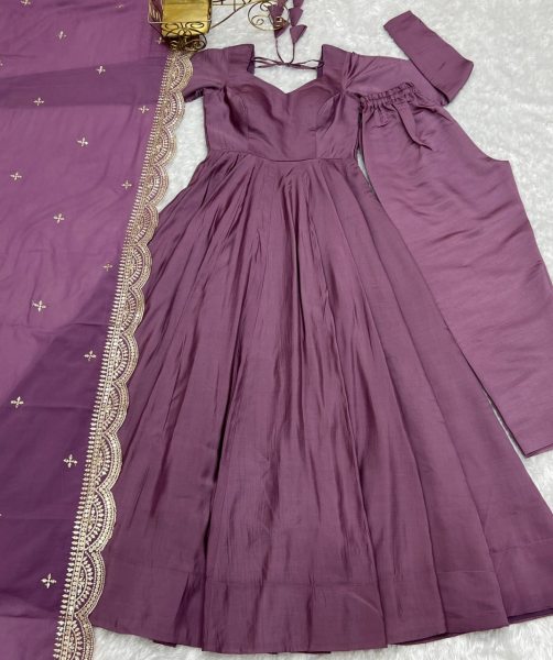 Lavender Pure Romansilk Anarkali Gown Set with Dupatta At Wholesale Rate 3 Piece Kurti Set