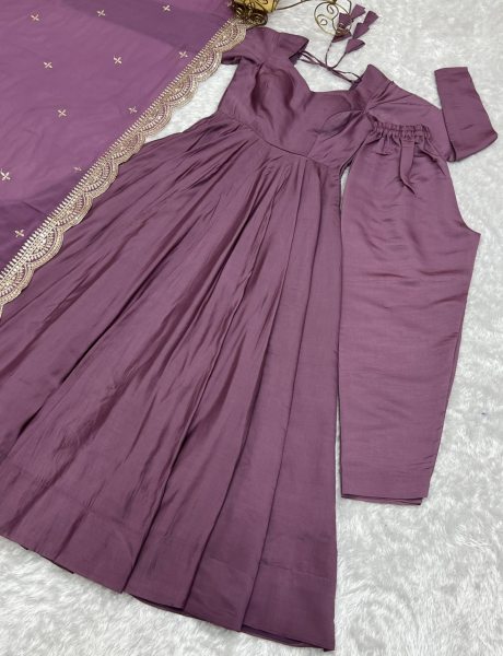 Lavender Pure Romansilk Anarkali Gown Set with Dupatta At Wholesale Rate 3 Piece Kurti Set