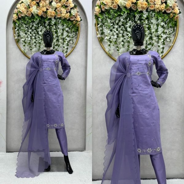Lavender Purple Organza Straight Cut Set 3 Piece Kurti Set