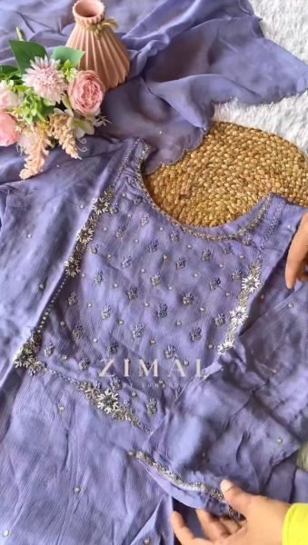 Lavender Purple Organza Straight Cut Set 3 Piece Kurti Set