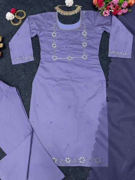 Lavender Purple Organza Straight Cut Set 3 Piece Kurti Set