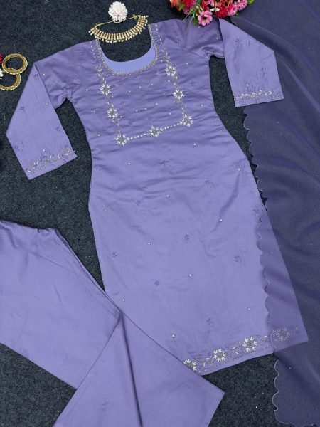 Lavender Purple Organza Straight Cut Set 3 Piece Kurti Set