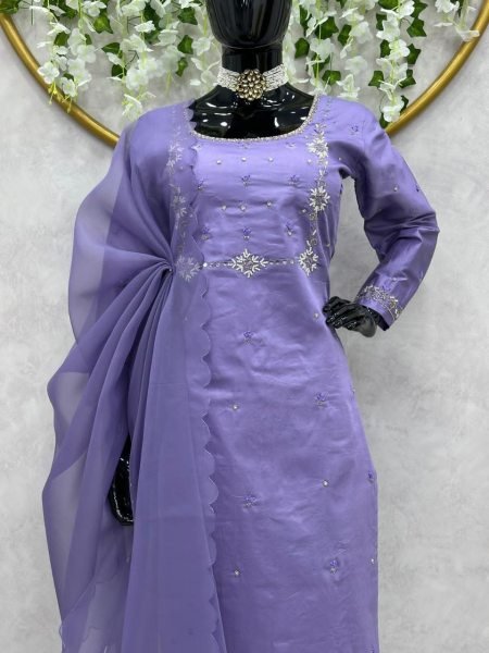 Lavender Purple Organza Straight Cut Set 3 Piece Kurti Set