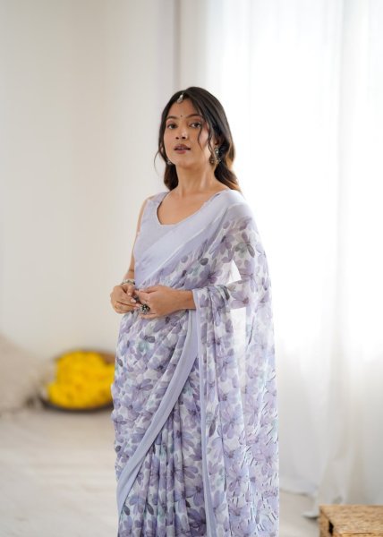 Lavender Satin Patta Floral Print Saree with Blouse Piece Festive Collection Printed Cotton Sarees Wholesale
