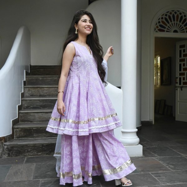 Lavender Viscose Rayon Printed Sharara Set  3 Piece Kurti Set