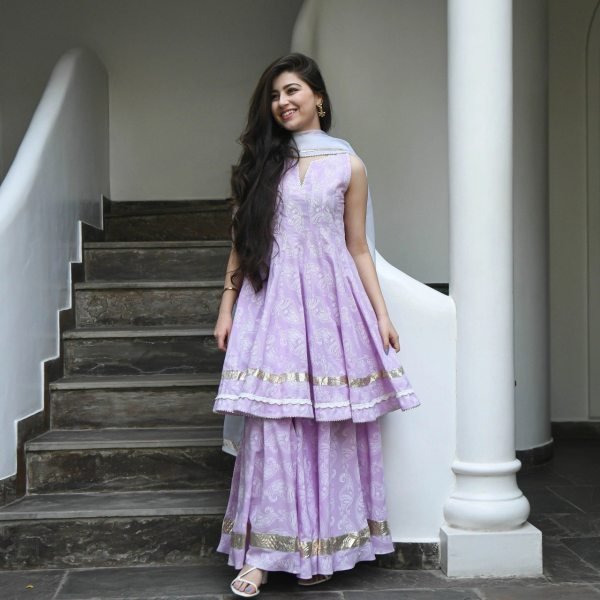 Lavender Viscose Rayon Printed Sharara Set  3 Piece Kurti Set
