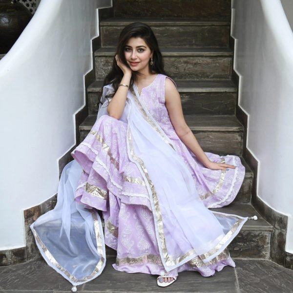 Lavender Viscose Rayon Printed Sharara Set  3 Piece Kurti Set