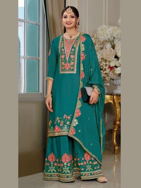 Lavish Blue Chinon Embroidery  Work 3 Piece Suit for for Functional Wear at Wholesale Rate Designer Plazzo Salwar Suits Wholesale