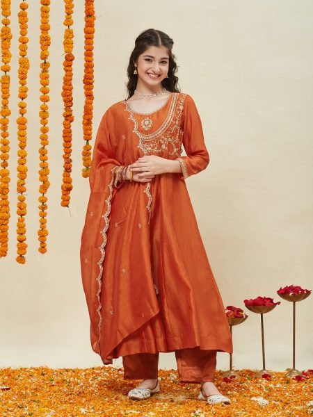 Lavish Orange Silk Blend Embroidered Kurti Pant Set with Dupatta for Kids Wear Supplier Girls Wear