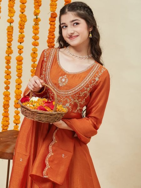 Lavish Orange Silk Blend Embroidered Kurti Pant Set with Dupatta for Kids Wear Supplier Girls Wear