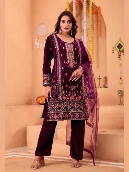 Lavish Purple Velvet Kurti with Matching Velvet Pant   Net Dupatta for wedding wear  Salwar Kameez