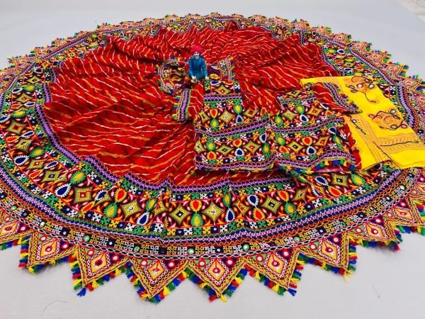 Lehariya Printed Cotton Lehenga Choli With Mirror Work  Navratri Lehnega Choli