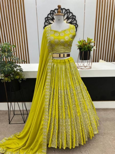 Lemon Glow Chinnon Silk Lehenga Set with Mirror Work Perfect for Festive Glam
