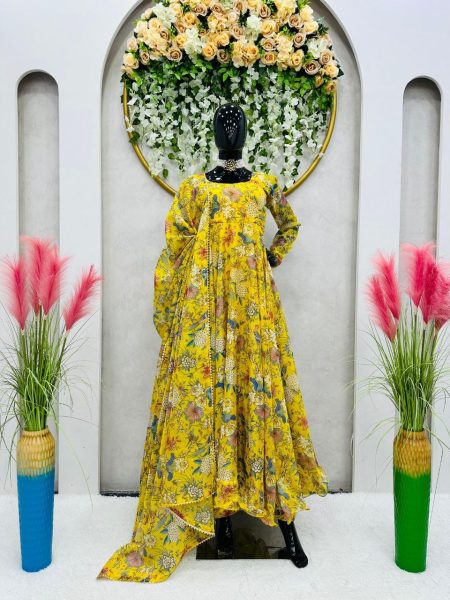 Yellow Silk Organza Floral Printed Anarkali Kurti Set  Anarkali Kurtis 