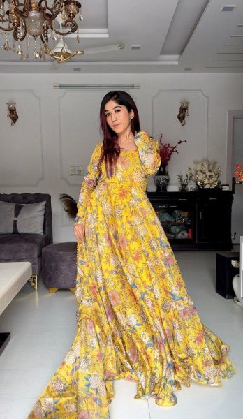 Yellow Silk Organza Floral Printed Anarkali Kurti Set  Anarkali Kurtis 