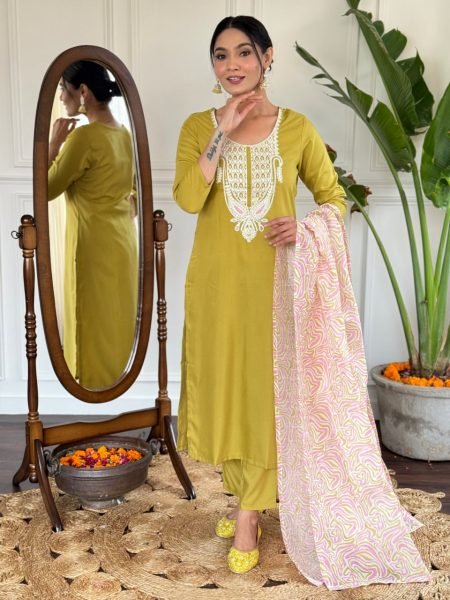 Lemon Yellow Slub Cotton Suit Set For  Women  3 Piece Kurti Set