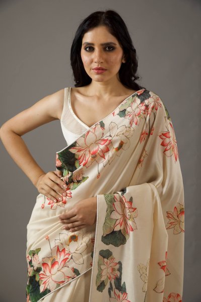 Light Beige Soft Moss Satin Silk Saree New Collection Silk Sarees Wholesale