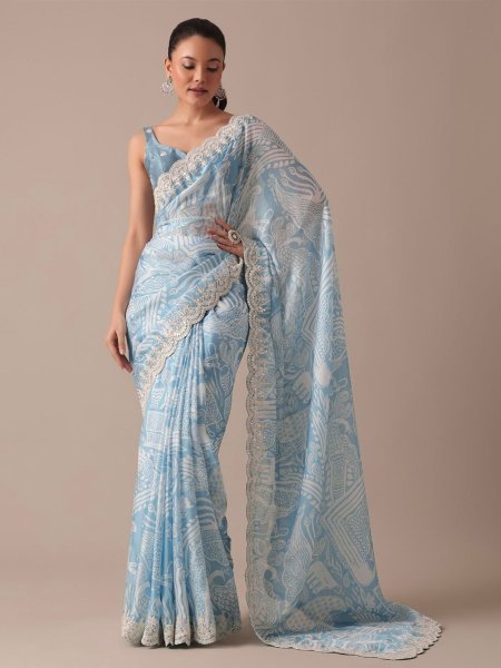 Light Blue Georgette Dori Embroidered Saree Floral Print Chiffon Saree Lightweight Fancy Party Wear Pure Chiffon Sarees Wholesale