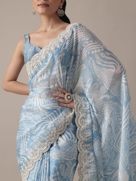 Light Blue Georgette Dori Embroidered Saree Floral Print Chiffon Saree Lightweight Fancy Party Wear Georgette Sarees Wholesale