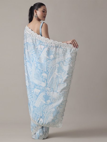 Light Blue Georgette Dori Embroidered Saree Floral Print Chiffon Saree Lightweight Fancy Party Wear Georgette Sarees Wholesale