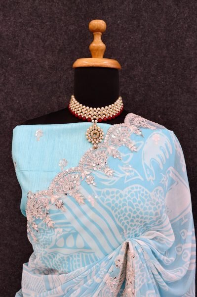 Light Blue Georgette Dori Embroidered Saree Floral Print Chiffon Saree Lightweight Fancy Party Wear Georgette Sarees Wholesale