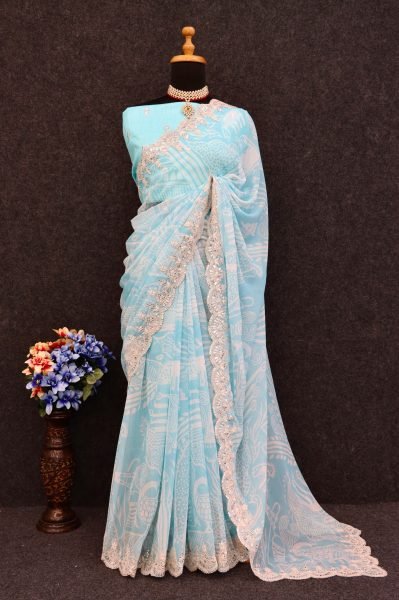 Light Blue Georgette Dori Embroidered Saree Floral Print Chiffon Saree Lightweight Fancy Party Wear Georgette Sarees Wholesale