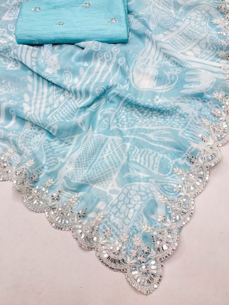 Light Blue Georgette Dori Embroidered Saree Floral Print Chiffon Saree Lightweight Fancy Party Wear Georgette Sarees Wholesale