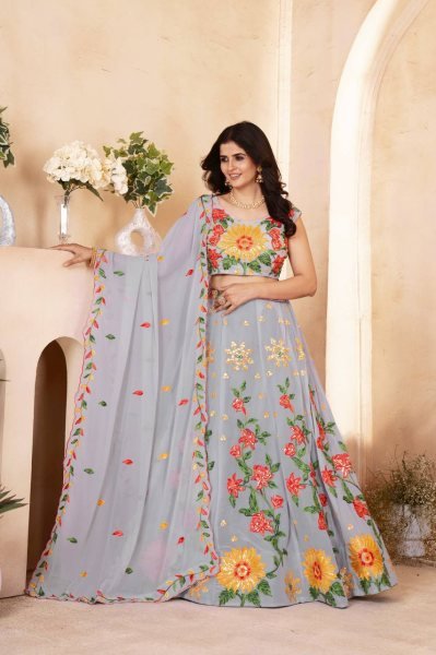 Light Blue Georgette Embroidery Bridal Lehenga With Sequence   Heavy Unstitched Blouse Designer Lehenga Choli