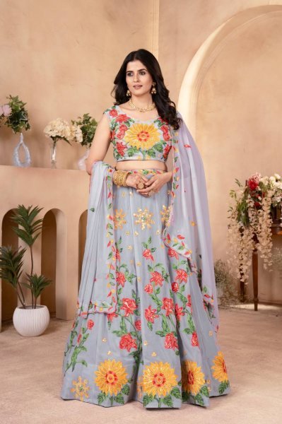 Light Blue Georgette Embroidery Bridal Lehenga With Sequence   Heavy Unstitched Blouse Designer Lehenga Choli