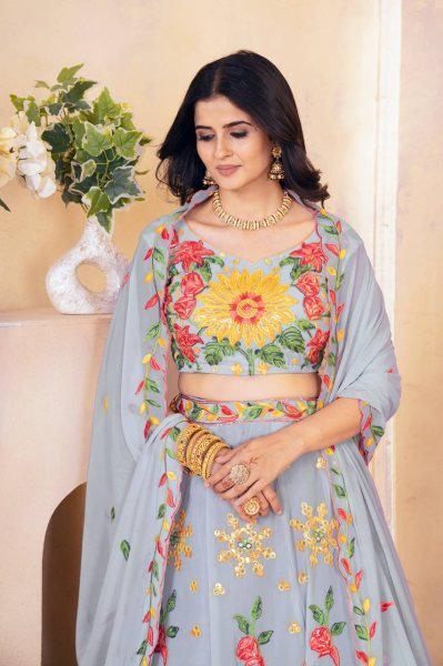Light Blue Georgette Embroidery Bridal Lehenga With Sequence   Heavy Unstitched Blouse Designer Lehenga Choli