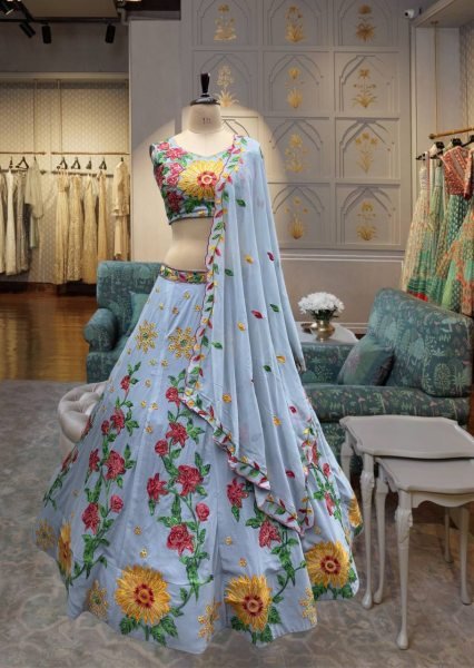 Light Blue Georgette Embroidery Bridal Lehenga With Sequence   Heavy Unstitched Blouse Designer Lehenga Choli