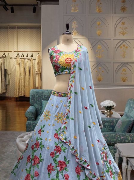 Light Blue Georgette Embroidery Bridal Lehenga With Sequence   Heavy Unstitched Blouse Designer Lehenga Choli