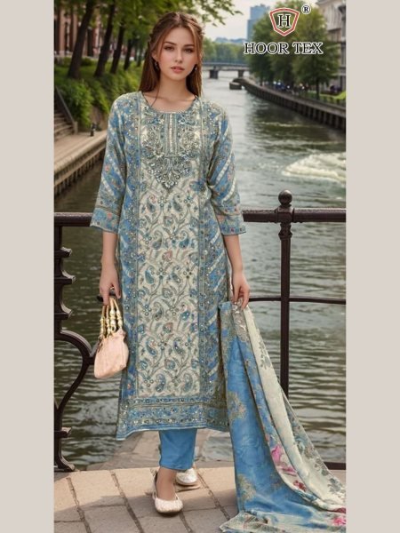 Light Blue Muslin Pakistani Suit Hoor Tex H-382A with Printed Dupatta Salwar Kameez