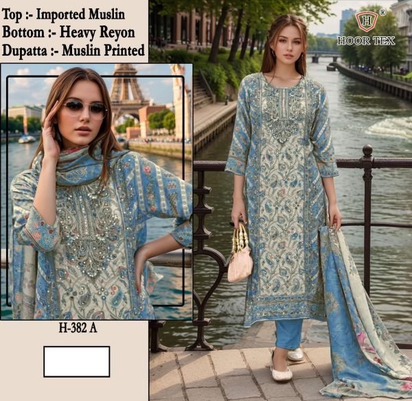 Light Blue Muslin Pakistani Suit Hoor Tex H-382A with Printed Dupatta Pakistani Suits Wholesale