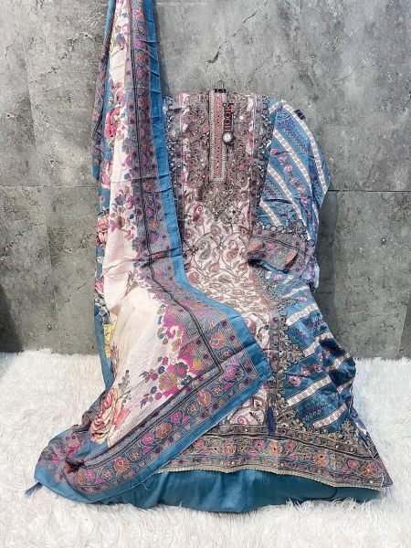 Light Blue Muslin Pakistani Suit Hoor Tex H-382A with Printed Dupatta Pakistani Suits Wholesale
