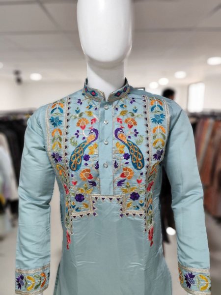 Light Blue Silk Kurta Pajama with Embroidery Work for Wedding Functions Mens Wear
