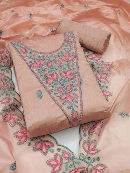Light brown Chanderi suit set with embroidered neck and dupatta Color Set Matching Dress Material Wholesale