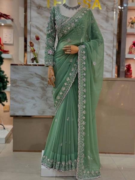 Light Green Faux Georgette Saree with Thread, Sequin and Pearl Work with Full Sleeve Blouse Sarees 