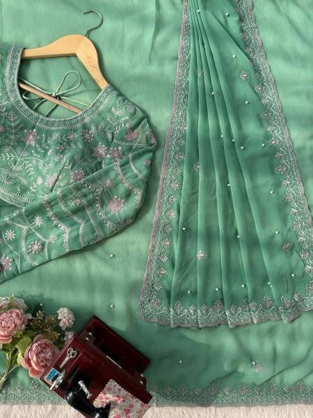 Light Green Faux Georgette Saree with Thread, Sequin and Pearl Work with Full Sleeve Blouse Georgette Sarees Wholesale