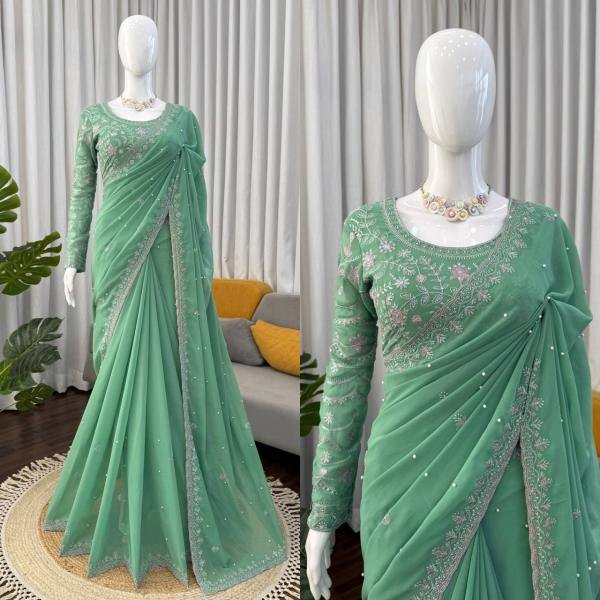 Light Green Faux Georgette Saree with Thread, Sequin and Pearl Work with Full Sleeve Blouse Georgette Sarees Wholesale