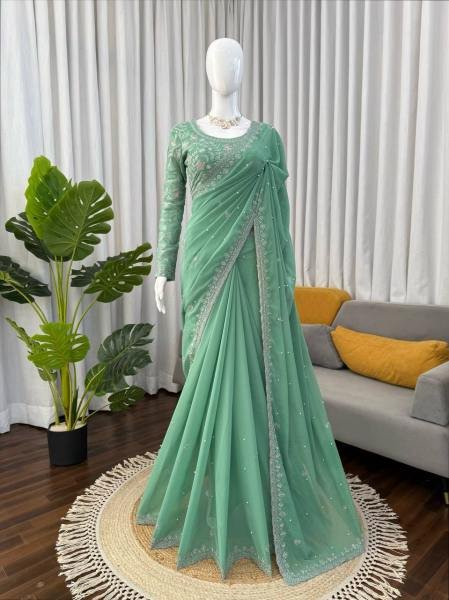 Light Green Faux Georgette Saree with Thread, Sequin and Pearl Work with Full Sleeve Blouse Georgette Sarees Wholesale