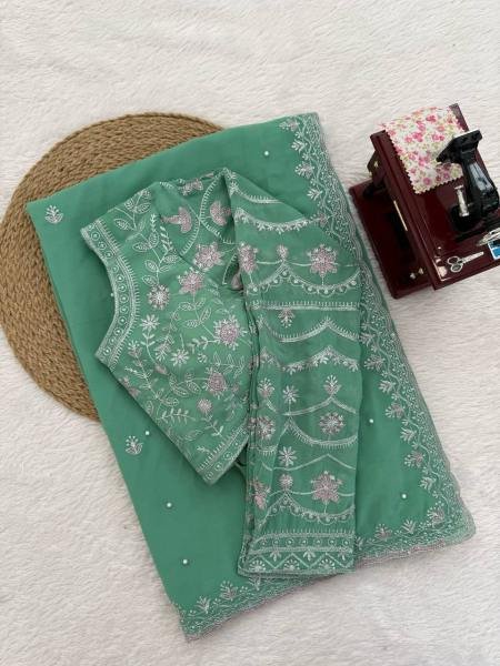 Light Green Faux Georgette Saree with Thread, Sequin and Pearl Work with Full Sleeve Blouse Georgette Sarees Wholesale