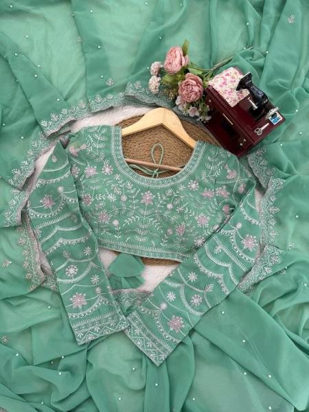 Light Green Faux Georgette Saree with Thread, Sequin and Pearl Work with Full Sleeve Blouse Georgette Sarees Wholesale
