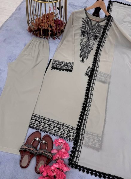 Light Grey Embroidered Faux Georgette Salwar Suit for Casual Collection Ready To Wear Collection