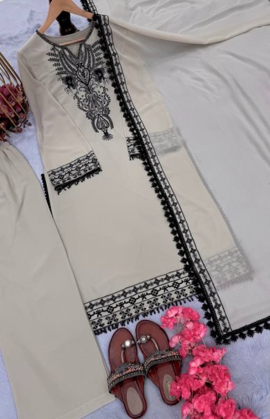 Light Grey Embroidered Faux Georgette Salwar Suit for Casual Collection Ready To Wear Collection