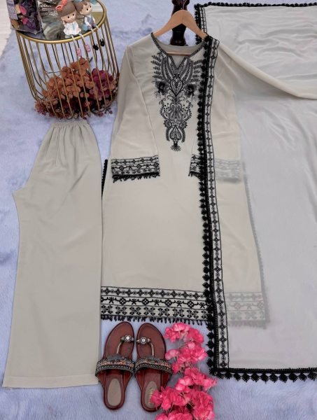Light Grey Embroidered Faux Georgette Salwar Suit for Casual Collection Ready To Wear Collection
